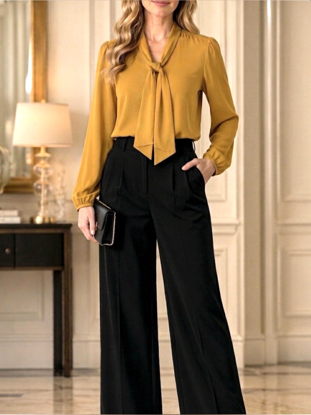 BLACK LABEL EVAN PICONE CREPE TOP L HARVEST GOLD TIE NECK LONG SLEEVE CAREER $65